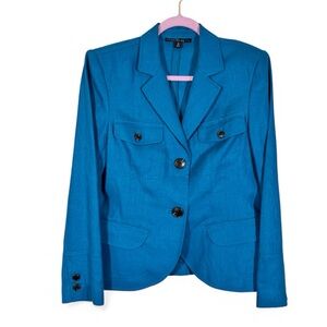 Lafayette 148 Blue Linen Cropped Classic Jacket Womens 10 Blazer Preppy Fall